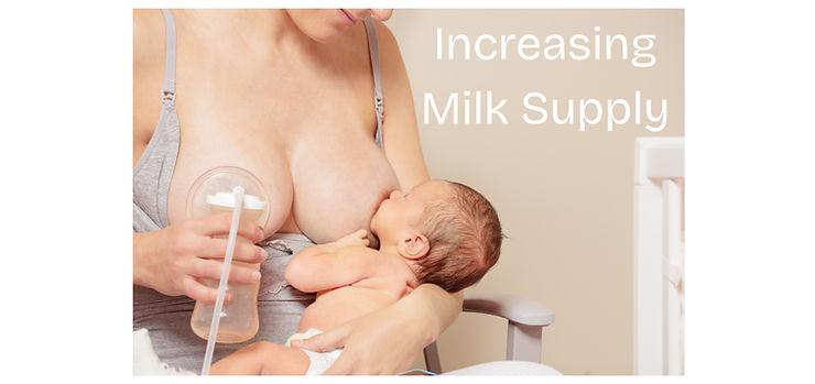 Mother breastfeeding her infant on one side while pumping on the other, multitasking to increase milk supply. Text overlay reads: 'Increasing Milk Supply.