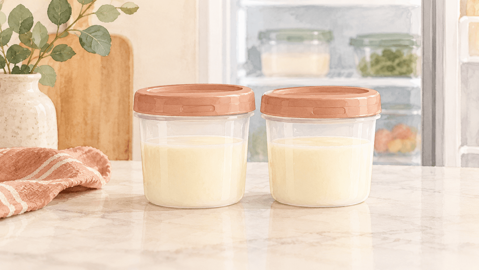 Illustration of two capped milk-storage containers beside a refrigerator.