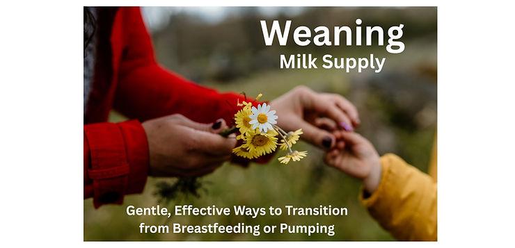 Close-up of a mother in a red jacket handing a small bouquet of flowers to her child in a yellow jacket. Only their arms and hands are visible. Text on image reads: "Weaning Milk Supply – Gentle, Effective Strategies for Ending Breastfeeding or Pumping."
